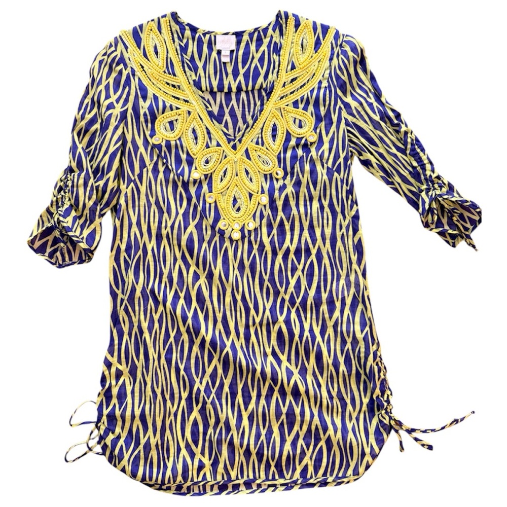 Milly Cabana Blue and Yellow Beaded Patterned Swim Coverup